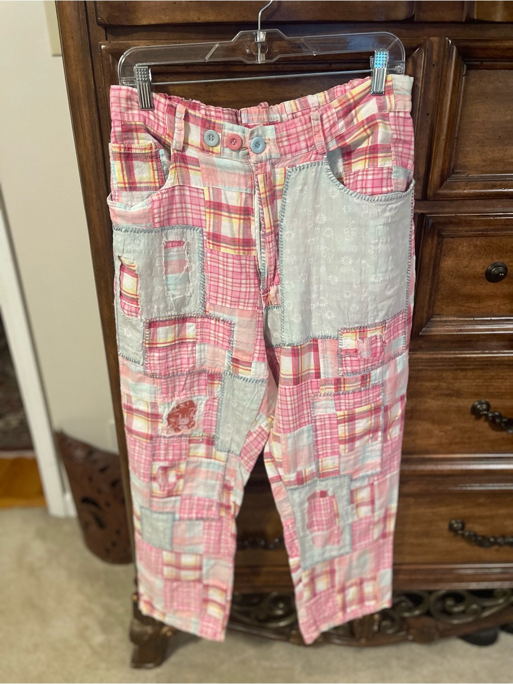 Women’s Pink Patchwork Cotton Trousers with Front Pockets